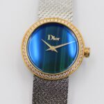5055F La d de dior Satine系列高级仙女腕表，生动呈现了迪奥制表的精魂，弥足珍贵的高雅风格。米兰网织工艺精钢表链，超级秀气，完美契合仙女们纤细的手腕，在光线下bulingbuling亮闪闪，光彩夺目！bulingbuling闪的手表，真真是仙女们的心头爱了！5055F 原单Dior 表径25mm,ETA石英机芯，锅盖形蓝宝石玻璃(蓝光防炫效果)，表壳表冠表扣镶嵌钻石，A级贝母表盘，抛光太子妃指针。送专柜首饰袋和拆卸表带工具一支。