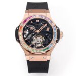 恒宝Hublot.V4升级版（升级如下：升级使用原装壳套起模壳身，侧耳不再使用塑料，搭配升级版真陀飞轮心脏，加强防震，解决了市场普通版本“缝合度不高有缝隙、机芯返修率高”的问题，90%还原原装构架，一比一尺寸，层压蓝宝石水晶表镜以及同步橡胶底牛皮表带，更突显了区别于小厂的质感。）n具体卖点可以归纳为“六高元素”：n1、高精准——真陀飞轮机芯，档次高又稳定n2、高缝合——圈口、壳身、底盖三者紧密无缝拼接，本次升级侧耳使用钢构造，区别市场塑料！n3、高还原——90%还原原装构架，一比一尺寸n4、高抗震——机芯加强防震，突破原理，返修率超低！n5、高强度——镜片采用防刮蓝宝石+聚乙烯防爆膜，可承受强烈撞击；n6、高颜值——酷炫的外形逼格满满，全镂空机芯，满满的齿轮机械感爆棚！nHUBLOT大爆炸男士系列BIG BANG腕表值得拥有。