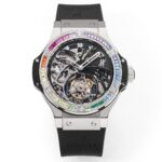 恒宝Hublot.V4升级版（升级如下：升级使用原装壳套起模壳身，侧耳不再使用塑料，搭配升级版真陀飞轮心脏，加强防震，解决了市场普通版本“缝合度不高有缝隙、机芯返修率高”的问题，90%还原原装构架，一比一尺寸，层压蓝宝石水晶表镜以及同步橡胶底牛皮表带，更突显了区别于小厂的质感。）n具体卖点可以归纳为“六高元素”：n1、高精准——真陀飞轮机芯，档次高又稳定n2、高缝合——圈口、壳身、底盖三者紧密无缝拼接，本次升级侧耳使用钢构造，区别市场塑料！n3、高还原——90%还原原装构架，一比一尺寸n4、高抗震——机芯加强防震，突破原理，返修率超低！n5、高强度——镜片采用防刮蓝宝石+聚乙烯防爆膜，可承受强烈撞击；n6、高颜值——酷炫的外形逼格满满，全镂空机芯，满满的齿轮机械感爆棚！nHUBLOT大爆炸男士系列BIG BANG腕表值得拥有。
