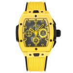 宇舶HUBLOT-全新彩色“陶瓷工艺”n灵魂BIG BANG系列  n以赛车为灵感，推出全新Spirit of Big Bang限量腕！腕表结合Spirit of Big Bang系列的所有标志性元素，全新酒桶形全陶瓷表壳。表壳应用钛金属跟树脂材料，借助六枚H型螺丝构建“三明治”结构，传达“融合的技术”的理念，完美复刻独家定制HUB4700机芯，原装折叠表扣，订制氟橡胶表带，腕表配有“一键式”快速更换表带系统，佩戴者只需轻轻一按，即可以轻松快捷地替换表带！！！
