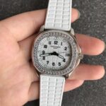百达翡丽  5067A 手雷 石英女表 ——PPF继续购入原装PP--5067A腕表，独立拆解开模。完美还原PATEK PHILIPPE--5067A全系列石英腕表，带来全网最佳的复刻产品和极致体验。n【表带 扣】n1.采用与原装一致的天然复合橡胶（Tropical）材质，经久耐磨，可抵抗海水侵蚀和紫外线辐射。n2.完美克隆Aquanaut最新折叠式表扣，即使在非常细小的拐角处上也做有倒角润饰，确保还原正品般的舒适感。n【表壳】n1.腕表尺寸35.6X7.7mm 圆润的八角形表壳与原装一致，保持着复古的造型和精湛的打磨。n2.旋入式把头设计和实心底盖吻合与原版n3.表圈镶嵌46颗顶级施华洛世奇水晶（共计1克拉）n【机芯】n瑞士石英机芯改PPCal.E23-250芯。走时稳定，续航持久，性价比超高。