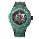 BBF全新突破 绿色陶瓷问世  HUBLOT 宇舶表BIG BANG Unico 大爆炸系列彩色陶瓷腕表 陶瓷工艺史无前例的重大突破  砸重金耗时四年，得以突破传统的陶瓷材料。全新彩色陶瓷采用精湛的技术，将高压力和高热相融合，无需烧制颜料就能锻造陶瓷。这一全新的陶瓷材质拥有高密度的特性，在此之前，行业尚未在陶瓷材质的工艺技术和美学方面获得如此突破。BBF对每一道工序均精益求精，精心打造该特殊陶瓷表壳的每一个部件。BBF为掌握此项技术历经四年时间潜心研发，不遗余力地在对材料的探索路上砥砺前行。目前这项发明的技术 为BBF所独有  标配定制恒宝专属UNICO HUB 1240自动飞返计时机芯 4.5字位镂空日历环，3字盘60分钟计时,（注：市面7750机芯均只能计时30分钟）8字位水平离合 9字位小秒轮 蓝宝石水晶表镜 橡胶表带搭配折叠表扣  七彩纹指针质感无可挑剔 45mm 全部功能100%完美实现  天花板级别 欢迎玩家品鉴（BBF出品 必属精品）