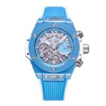 BBF 封神之作  陶瓷之王 HUBLOT宇舶表重磅发布全新 BIG BANG UNICO 蒂芙尼蓝色腕表 全新突破, 彩色陶瓷，独步表坛，无人能敌。 表壳由Tiffany蓝色陶瓷打造，采用拉丝和抛光交替润饰  陶瓷表圈经过拉丝处理  蓝白超绝配色惊艳 标配定制恒宝专属UNICO HUB 1280自动飞返计时机芯 3字位镂空日历环，3字盘60分钟计时,（注：市面7750机芯均只能计时30分钟）8字位水平离合 9字位小秒轮 上下蓝宝石水晶表镜 橡胶表带搭配折叠表扣  七彩纹指针质感无可挑剔 黄金尺寸42mm 男女通用 全部功能100%完美实现  天花板级别 欢迎玩家品鉴（BBF出品 必属精品）