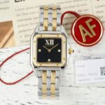 AF卡地亚Cartier猎豹PANTHERE DE CARTIER系列出品[庆祝][庆祝][庆祝]n机芯类型：瑞士石英机芯n表径尺寸中号：27*37毫米n表盘：黑色漆艺表盘、镶嵌明亮式切割圆钻时标，剑形镀金指针。n表镜材质：抗磨损蓝宝石水晶玻璃n表冠材质：镀金表冠，镶嵌1颗明亮式切割圆钻。n表带表扣材质：18K黄金n防水性能：30米