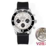 BLS工厂V2版本百年灵超级海洋文化二代限量版计时系列。(breitling super ocean chronograph 46)  60 YEARS OF ADVENTURE AND DISCOVERY【专为现代探险家而生】传承1957年表款在堪称深海征战先行者的超级海洋系列问世60周年之际，百年灵在保留其独特个性的同时为这一经典腕表系列注入全新活力。【圈口】全新的表圈设计采用精钢搭配坚固无比的防划防震高科技陶瓷表圈刻度环，去掉了原本围绕分钟刻度的金属环使现有表圈与装饰有原型经典品牌标识的同色表盘完美融合。搭配双面防炫目处理蓝宝石        作为本次新品的最大亮点，熊猫计时盘的加入无疑令全新的百年灵超级海洋文化二代计时码表更具魅力。三个对比鲜明的功^_^能盘，分别位于3点钟、6点钟和9点钟位置，对应30分钟计时、12小时计时以及小秒盘三大计时常规功能，别具经典的机械美感。三角形时针和菱形分针以及偏锥形小时刻度末端拥有Super-LumiNova®夜光部分，便于在夜间观时。在盘面的四五点为之间，更设有日历显示窗口，为这经典的盘面再添实用功能。【机芯】原版搭配百年灵自制机芯，我们采用国内最为稳定的7750鱼鳞纹洗花机芯，每个机芯出厂都测试48小时 【表带】配该系列专用的全新同色牛皮-橡胶表带，采用撞色缝线缝制，极具设计感。配戴极具舒适【米兰钢带】原版开模，工艺复杂。所有地方同步原版，可以螺丝拆卸表带