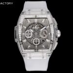 宇舶HUBLOT-全新彩色“陶瓷工艺”n灵魂BIG BANG系列  n以赛车为灵感，推出全新Spirit of Big Bang限量腕！腕表结合Spirit of Big Bang系列的所有标志性元素，全新酒桶形全陶瓷表壳。表壳应用钛金属跟树脂材料，借助六枚H型螺丝构建“三明治”结构，传达“融合的技术”的理念，完美复刻独家定制HUB4700机芯，原装折叠表扣，订制氟橡胶表带，腕表配有“一键式”快速更换表带系统，佩戴者只需轻轻一按，即可以轻松快捷地替换表带！！！
