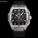 HBF  FACTORYn恒宝HUBLOT 宇舶表年度最佳复刻作品——宇舶BIG BANG灵魂系列641.JX.0120.RT“全透明腕表”n【精彩细节】1.还原正品表盘后龙飞凤舞的镂空布局，2.采用与原装同样的丙烯酸有机玻璃极致克隆——完成不可能完成的任务。该材质不仅硬度高，且具有抗鑫腐蚀，耐磨损等卓越物理特性。高清防刮花蓝宝石💎玻璃n【机芯功能】腕表直径42mm。采用增强版计时7750机芯改原装HUB.4700型芯，实现所有功能吻合正装。n【精益求精】全力以赴，层层把关，在保证完美“透视感官”的同时，竭心尽力还原正品的每个细节。n【赠品】附赠一副同款不同色的天然橡胶表带（可替代原装）复刻界首款“全透佳作”