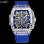 HBF  FACTORYn恒宝HUBLOT 宇舶表年度最佳复刻作品——宇舶BIG BANG灵魂系列641.JX.0120.RT“全透明腕表”n【精彩细节】1.还原正品表盘后龙飞凤舞的镂空布局，2.采用与原装同样的丙烯酸有机玻璃极致克隆——完成不可能完成的任务。该材质不仅硬度高，且具有抗鑫腐蚀，耐磨损等卓越物理特性。高清防刮花蓝宝石💎玻璃n【机芯功能】腕表直径42mm。采用增强版计时7750机芯改原装HUB.4700型芯，实现所有功能吻合正装。n【精益求精】全力以赴，层层把关，在保证完美“透视感官”的同时，竭心尽力还原正品的每个细节。n【赠品】附赠一副同款不同色的天然橡胶表带（可替代原装）复刻界首款“全透佳作”