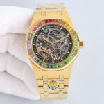 统一nGR爱彼彩虹新品上市，新款爱彼！彩虹🌈15412BCnADUMARS PIGUET 爱彼n15412BC 霜金 镂空 彩虹🌈n男士机械腕表 Calibre 3132一体机芯，41mm直径，厚度9.9mm深灰色表盘形状：圆形表盘材质：镂空表盘，搭配玫瑰金荧光立体时标和皇家橡树指针表镜材质：防眩光处理蓝宝石水晶玻璃表镜表冠材质：精钢，旋入式表冠背透：背透，防眩蓝宝石玻璃镜面