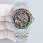 统一nGR爱彼彩虹新品上市，新款爱彼！彩虹🌈15412BCnADUMARS PIGUET 爱彼n15412BC 霜金 镂空 彩虹🌈n男士机械腕表 Calibre 3132一体机芯，41mm直径，厚度9.9mm深灰色表盘形状：圆形表盘材质：镂空表盘，搭配玫瑰金荧光立体时标和皇家橡树指针表镜材质：防眩光处理蓝宝石水晶玻璃表镜表冠材质：精钢，旋入式表冠背透：背透，防眩蓝宝石玻璃镜面