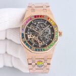 统一nGR爱彼彩虹新品上市，新款爱彼！彩虹🌈15412BCnADUMARS PIGUET 爱彼n15412BC 霜金 镂空 彩虹🌈n男士机械腕表 Calibre 3132一体机芯，41mm直径，厚度9.9mm深灰色表盘形状：圆形表盘材质：镂空表盘，搭配玫瑰金荧光立体时标和皇家橡树指针表镜材质：防眩光处理蓝宝石水晶玻璃表镜表冠材质：精钢，旋入式表冠背透：背透，防眩蓝宝石玻璃镜面