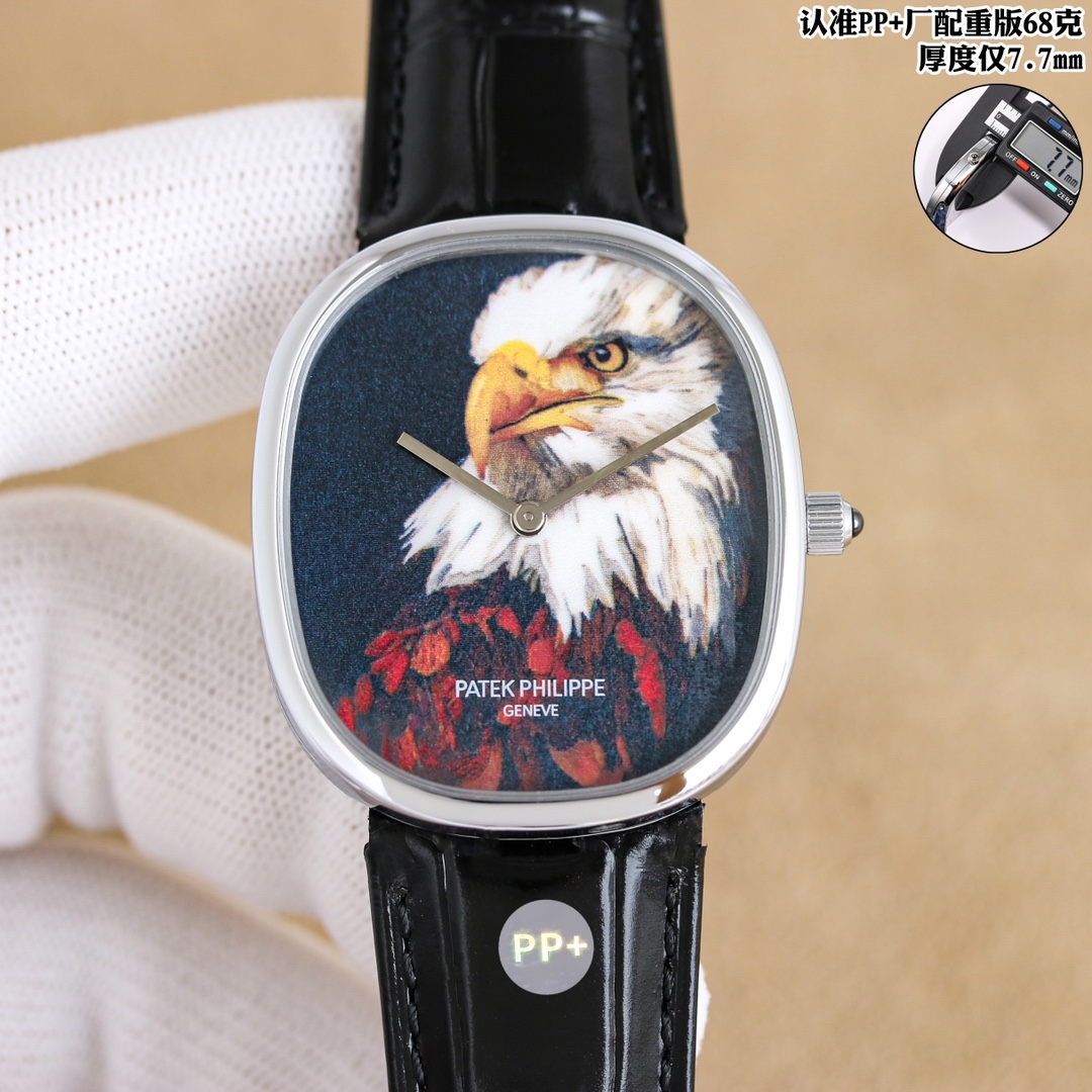 i1761670033_7711_7.jpg @@nPP➕ Factory 6⃣️8⃣️克配重版 nGOLDEN ELLIPSE 5738系列n1⃣️:重塑最为经典古典韵味黄金分割比例1:1.6181n尺寸34.5X39.5,厚度7.7n2⃣️:316L别致的椭圆表壳介于圆形和矩形之间n3⃣️:搭配各式云贝母3D立体浮雕打印闪烁着神秘深邃光泽表盘,非市面现有暗淡无光版本n4⃣️:对版21X16进口小牛皮搭配椭圆形表扣与表壳遥相呼应n5⃣️9015机芯赋予手表更为精准稳定走时nPP➕为您提供最接近原版的真实佩戴感受,而非只是购买一个只能远观而不能细看的腕表 - Image 1